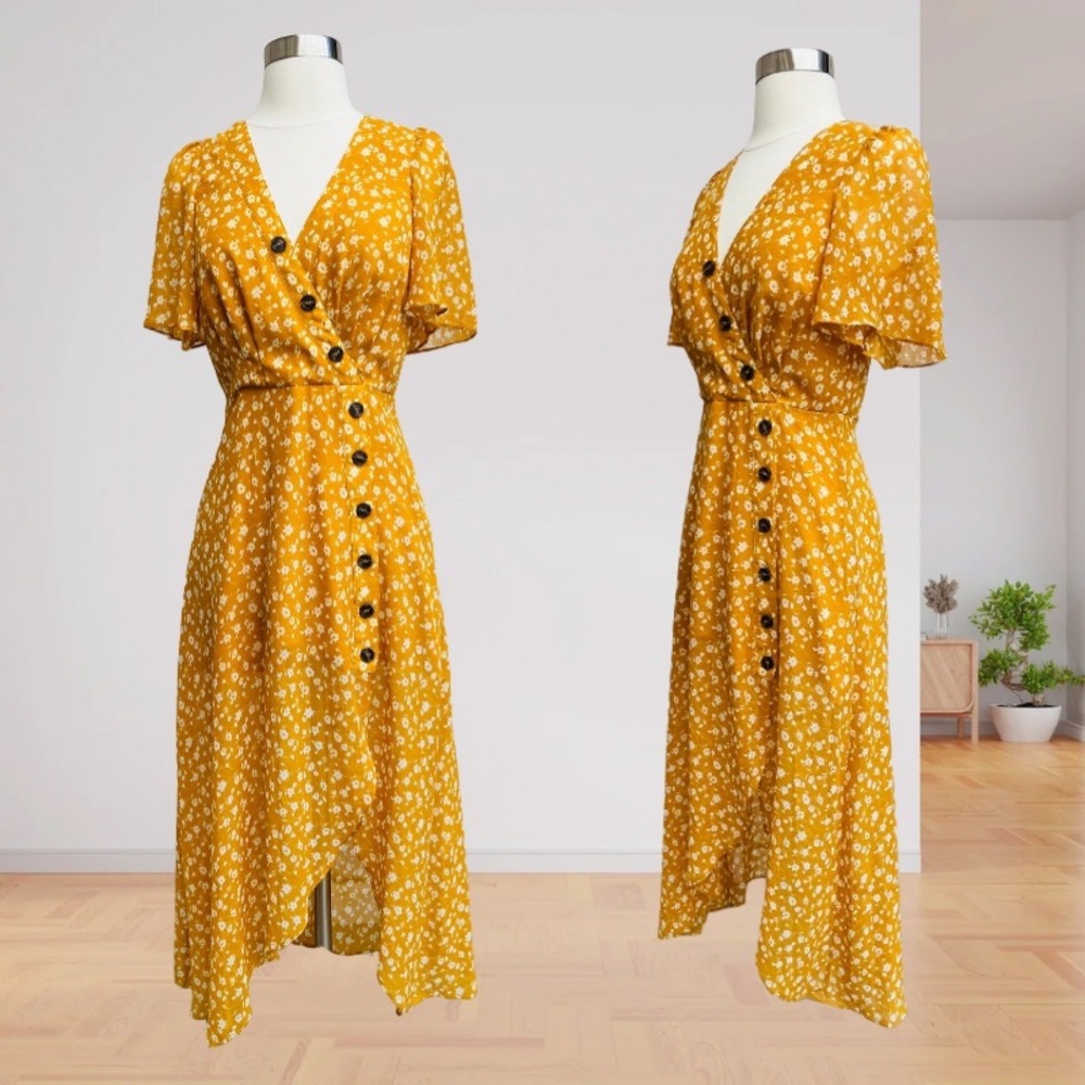 Lulu's Sunflower Yellow High Low Dress with Flutter Sleeves XS